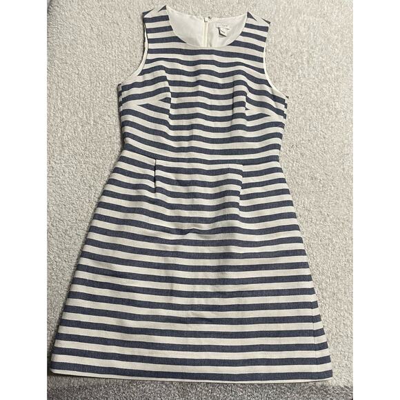 J. Crew Women's 4 Striped Pleated Sheath Dress Navy White Sleeveless Knee Length - Picture 1 of 10